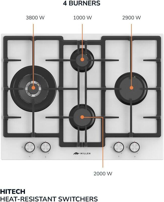 MILLEN 65 cm Built In White Glass Gas Hob with SABAF Burners - 3 Years Warranty, MGHG 6502 WH